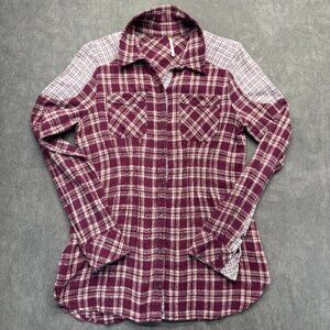 Free People Plaid Button Down Shirt Womens Small Burgundy Cream Boho Flannel